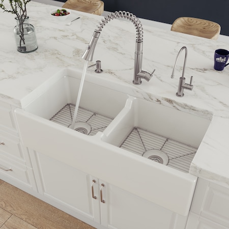 Alfi Brand 39" White Smooth Apron Thick Wall Fireclay Dbl Bowl Farm Sink AB3918DB-W
